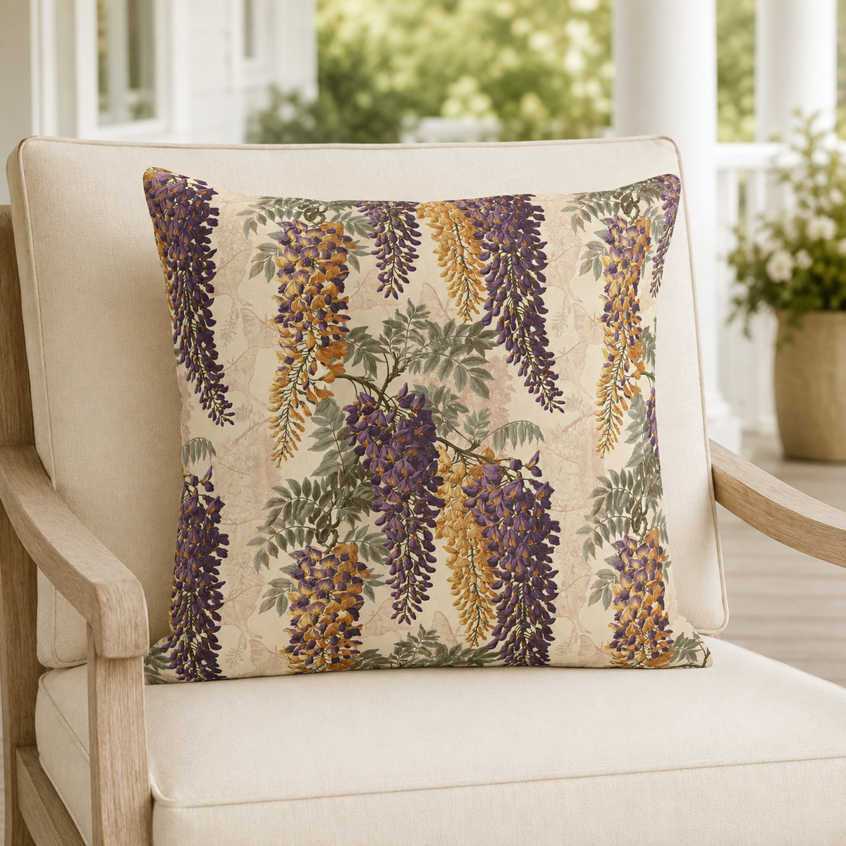 Cream outdoor pillow with purple and amber wisteria, second view