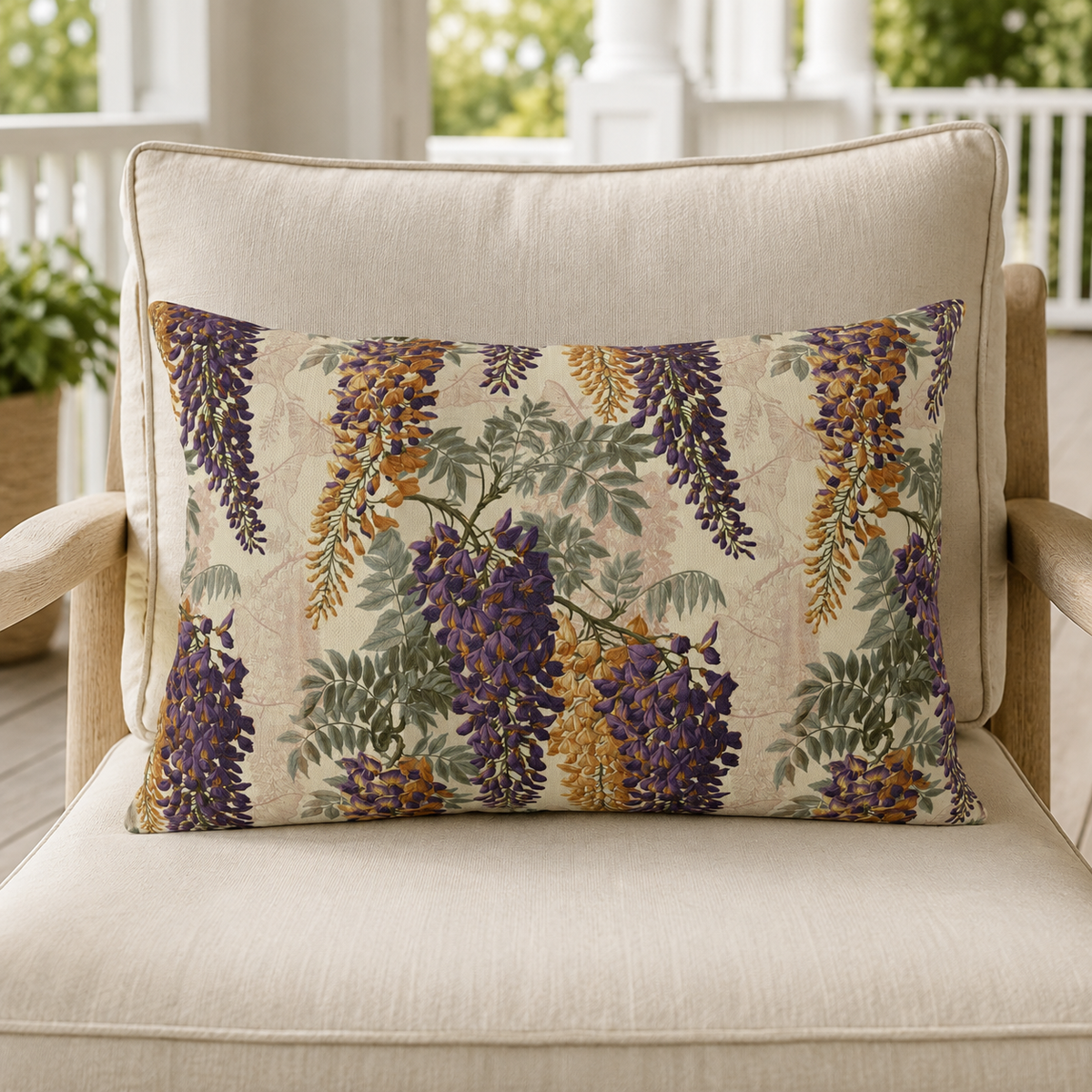 Cream outdoor lumbar pillow with purple and amber wisteria, second view