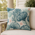Cream outdoor pillow with teal sea fans and kelp, second view