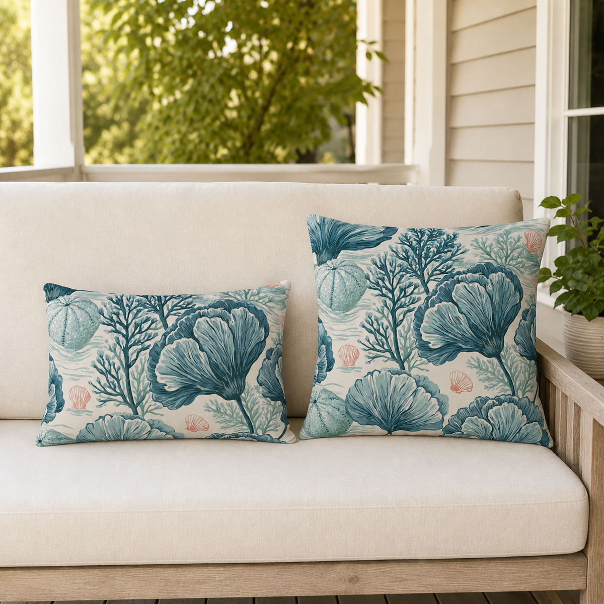 Teal sea fans, feathered kelp, urchins and salmon scallop shells on cream