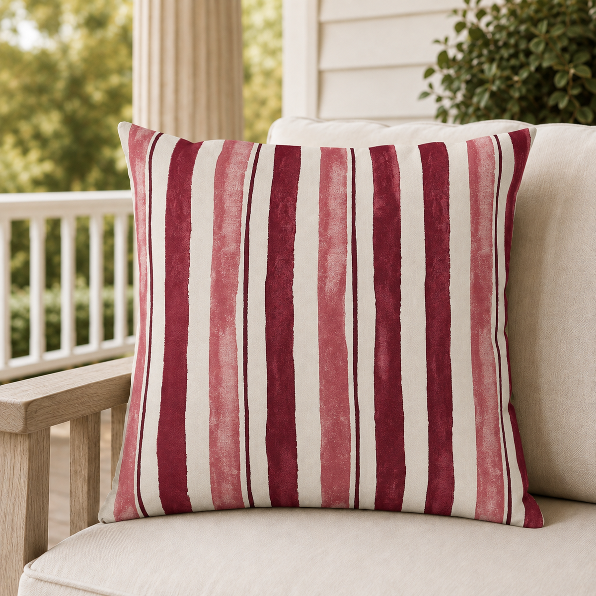Cream outdoor pillow with cranberry and rose painted stripes, second view