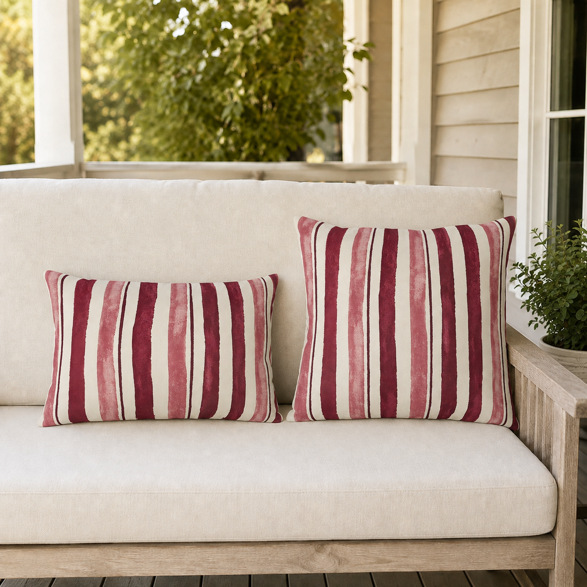 Cranberry, rose and burgundy painted stripes on cream, pattern detail