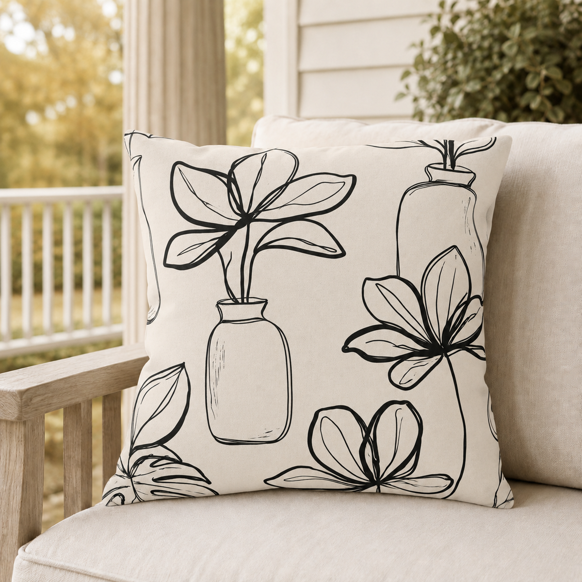 Cream outdoor pillow with black line-drawn plants and vases, second view