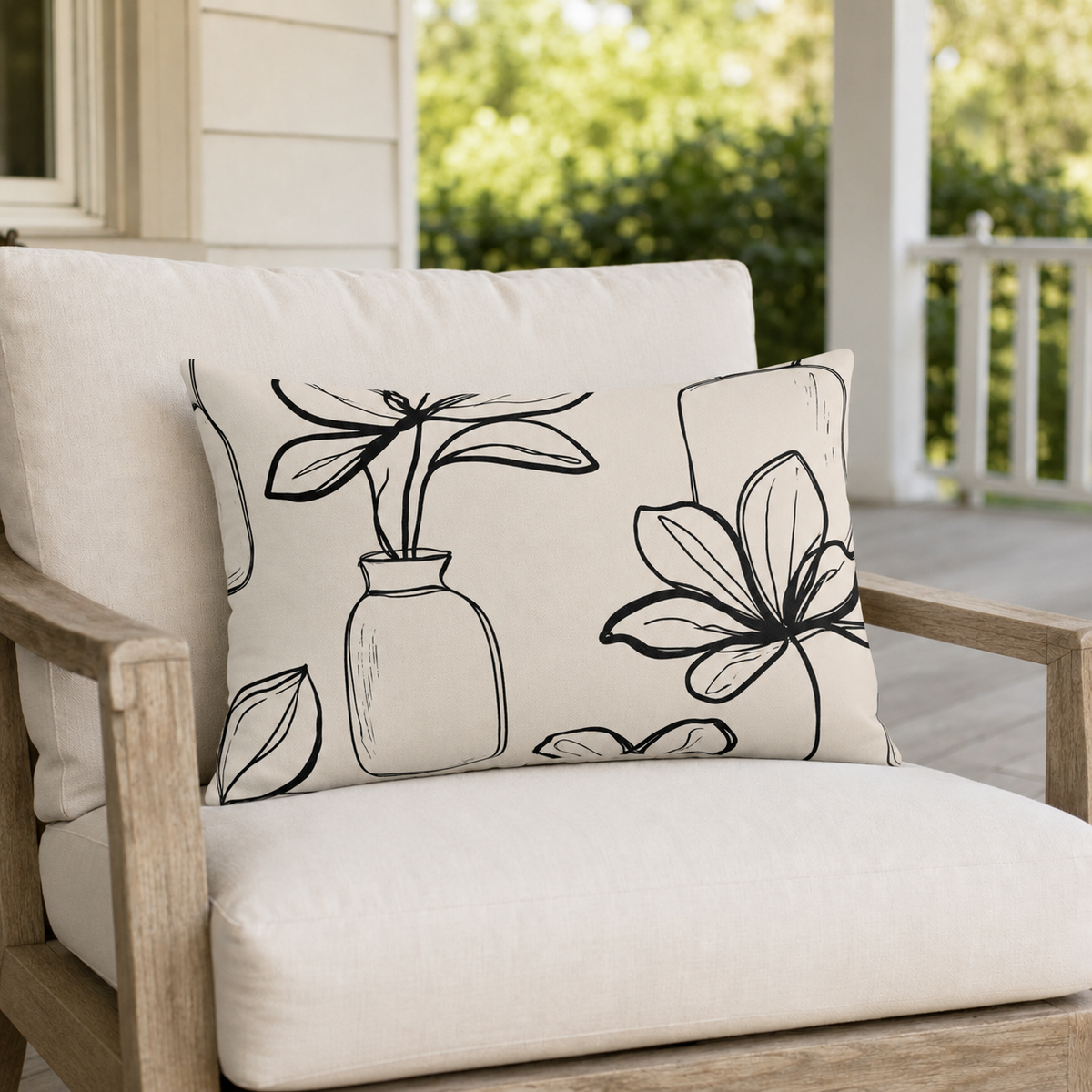 Cream outdoor lumbar pillow with black line-drawn plants and vases, second view