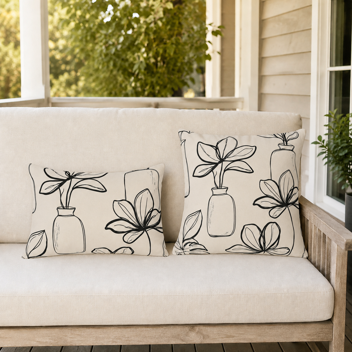 Black outline drawing of plants in bottle vases on cream