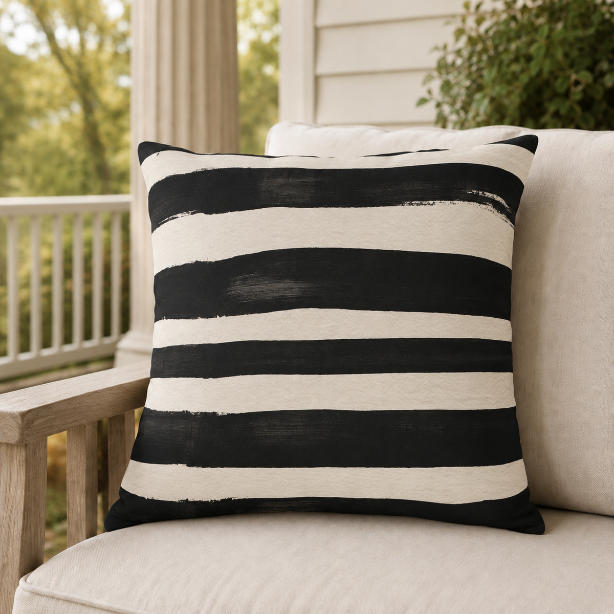 Cream outdoor pillow with wide black painted stripes, second view