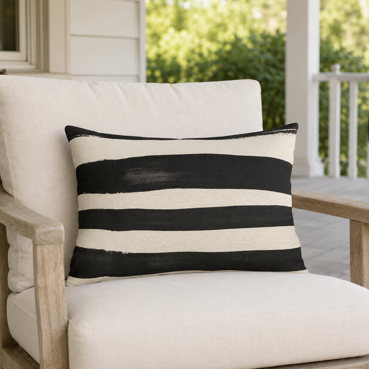 Cream outdoor lumbar pillow with wide black painted stripes, second view