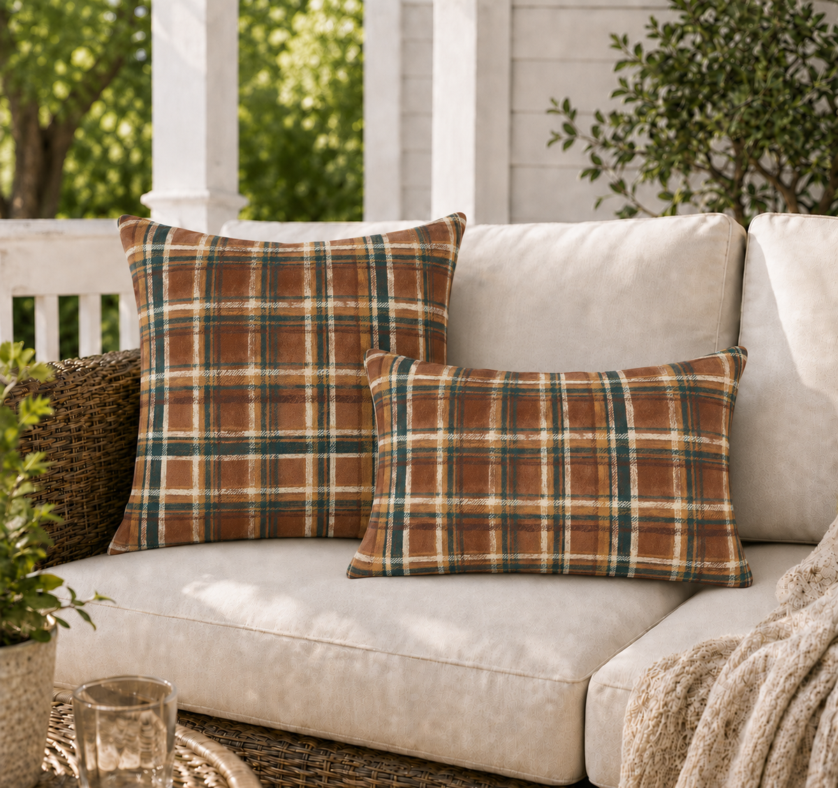 Rustic Plaid Brown Outdoor Lumbar Pillow