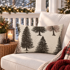 Cream outdoor lumbar pillow with large ink-sketched pine trees, second view