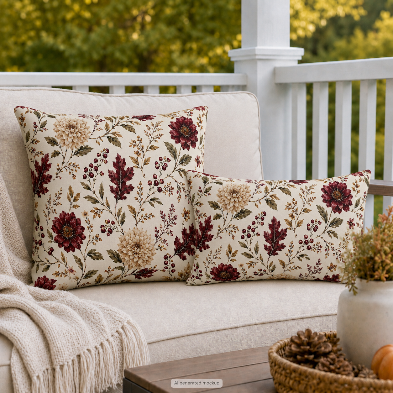 Burgundy dahlias, oak leaves and berries on cream outdoor pillow