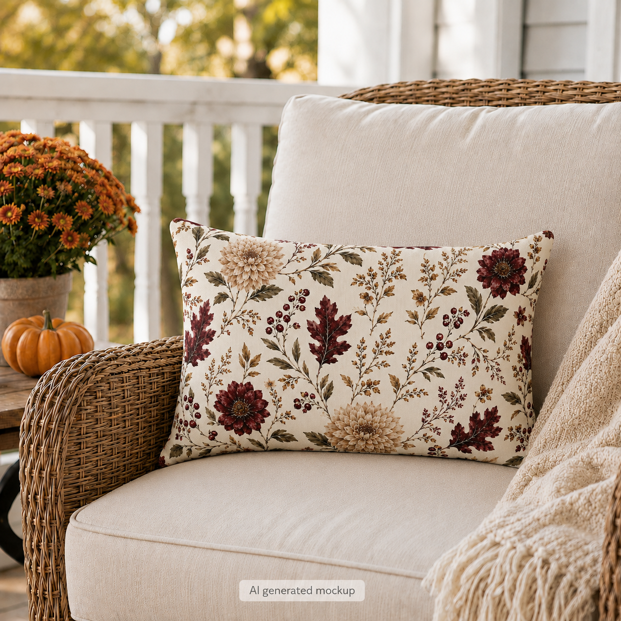 Burgundy dahlias, oak leaves and berries on cream outdoor lumbar pillow