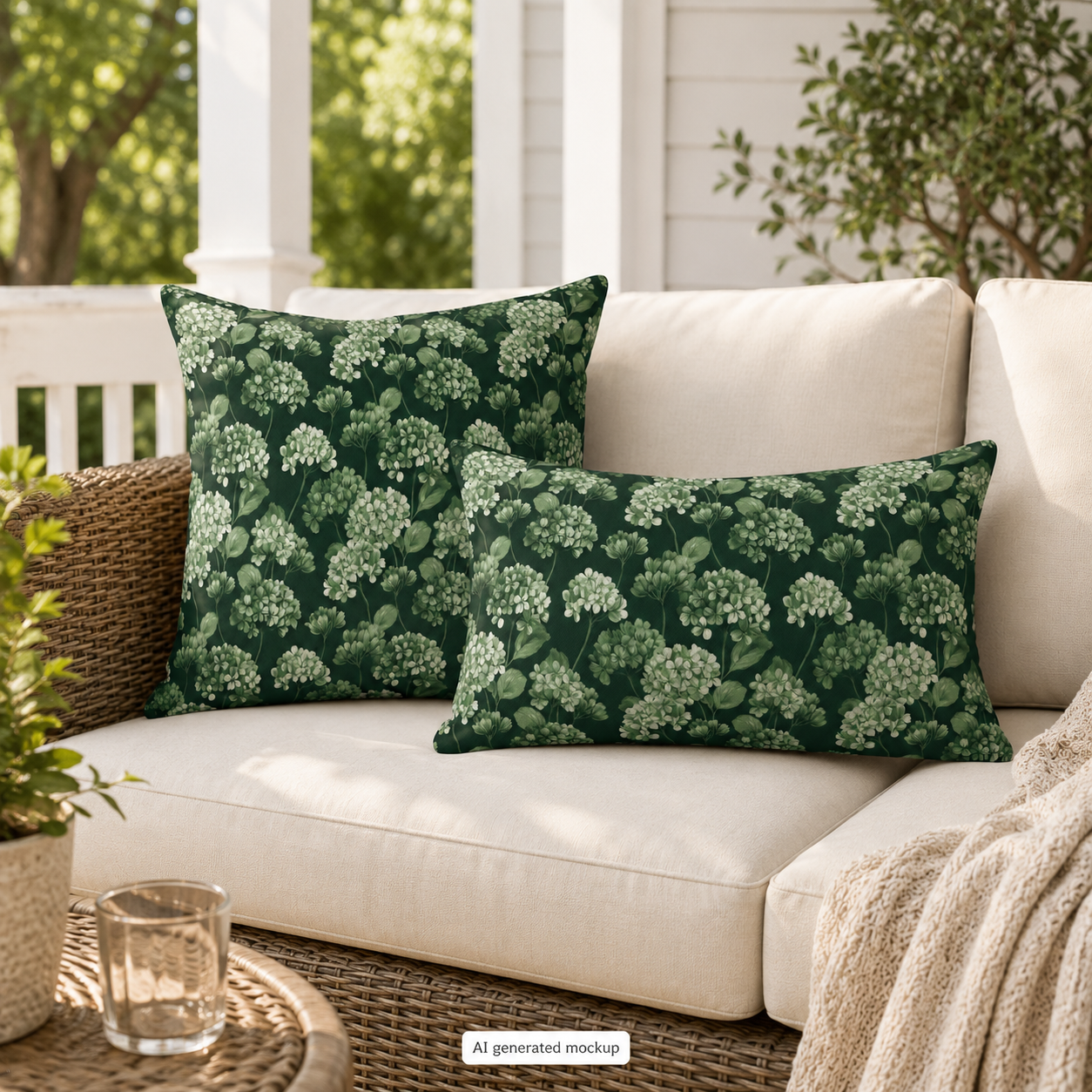 Sage and cream hydrangeas on dark forest green outdoor pillow