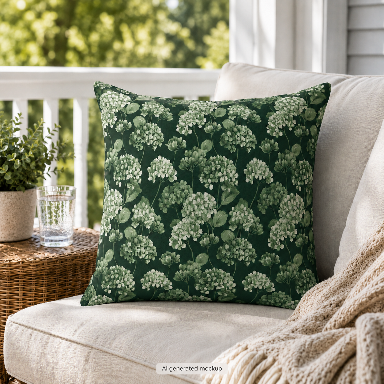 Sage and cream hydrangeas on dark forest green outdoor pillow