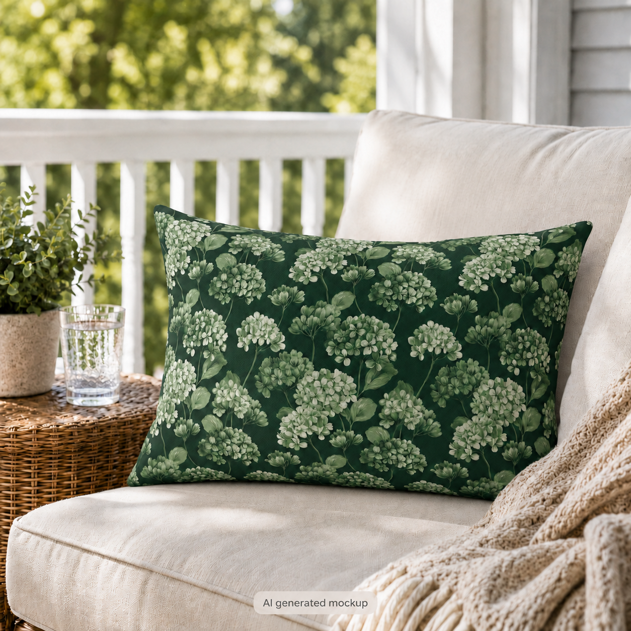 Sage and cream hydrangeas on dark forest green outdoor lumbar pillow