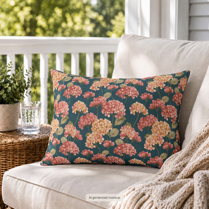 Pink and cream hydrangeas on deep teal outdoor lumbar pillow