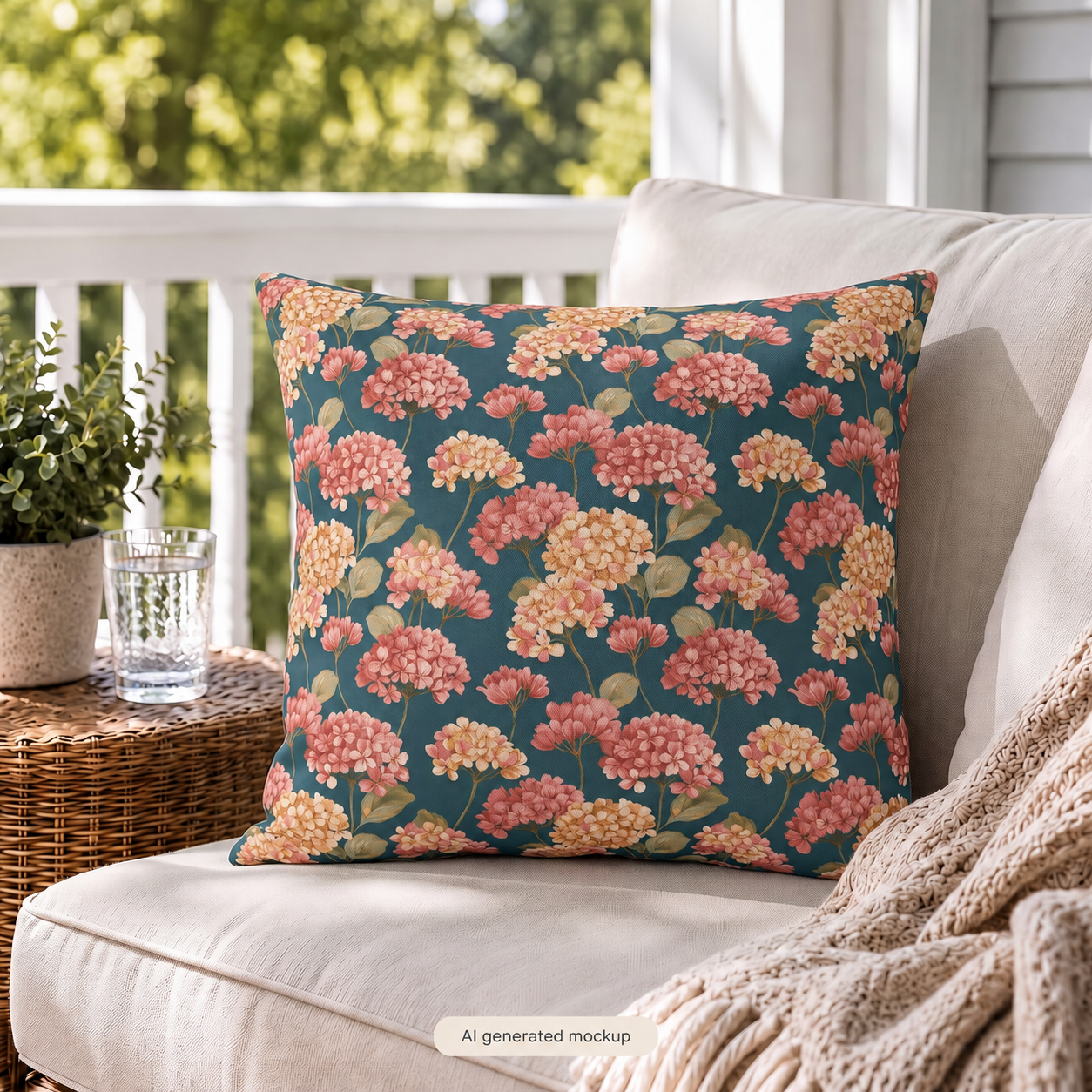 Pink and cream hydrangeas on deep teal outdoor pillow