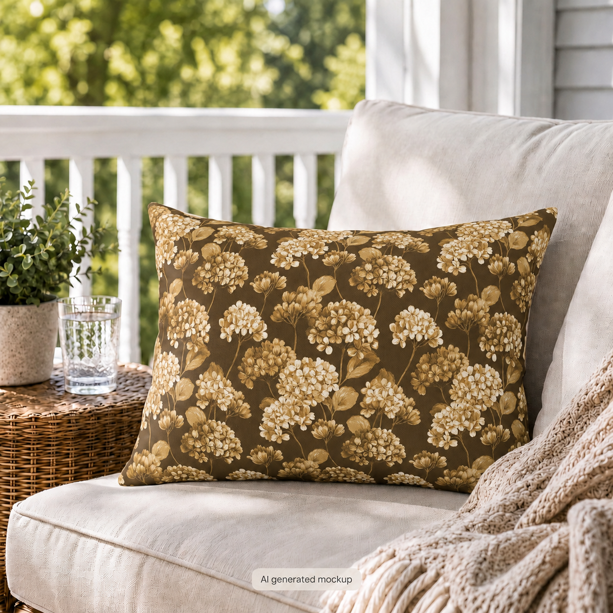 Gold and cream hydrangeas on chocolate brown outdoor lumbar pillow