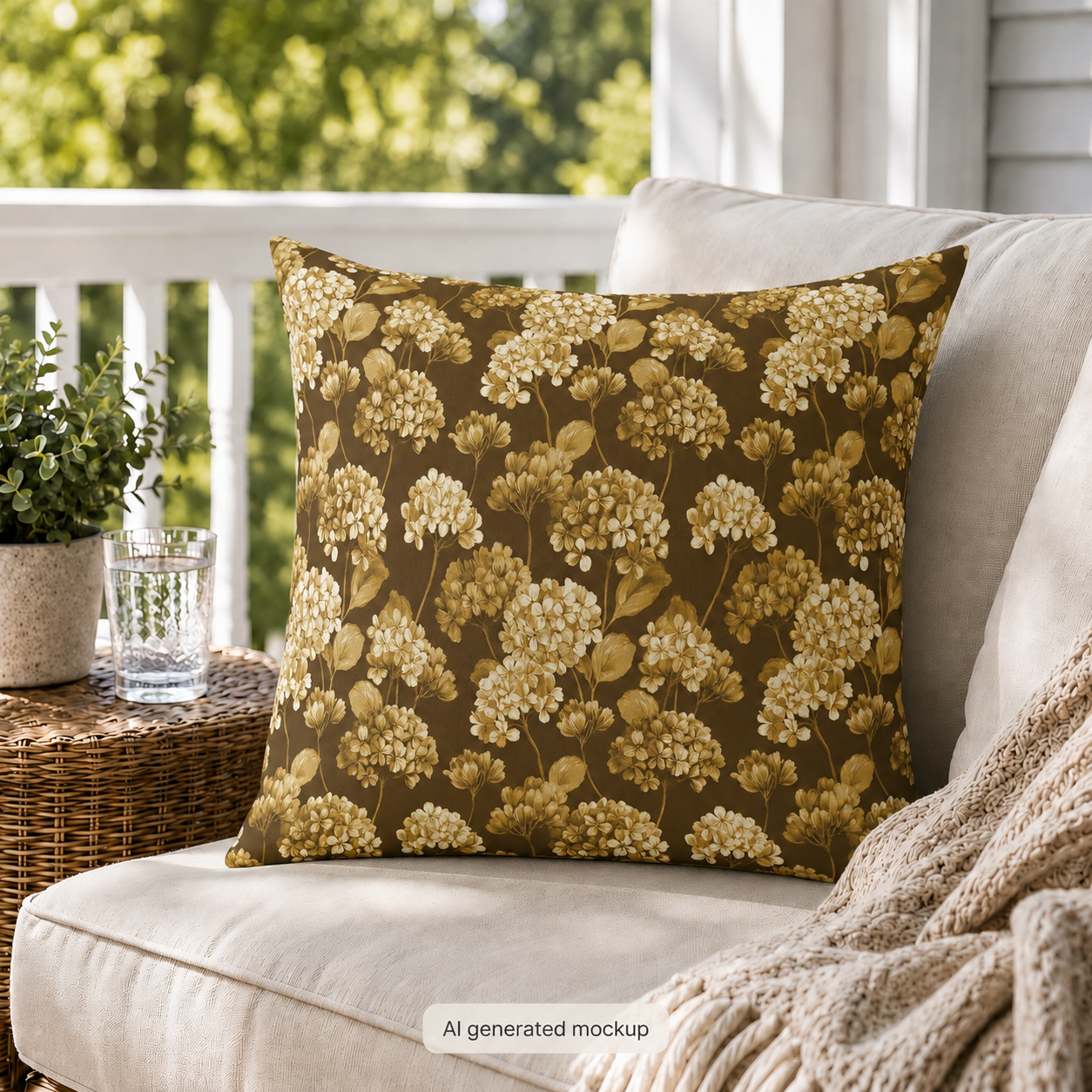 Gold and cream hydrangeas on chocolate brown outdoor pillow