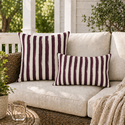 Hand-painted plum and cream stripe outdoor pillow