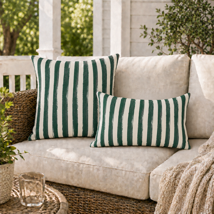 Hand-painted forest green and cream stripe outdoor pillow