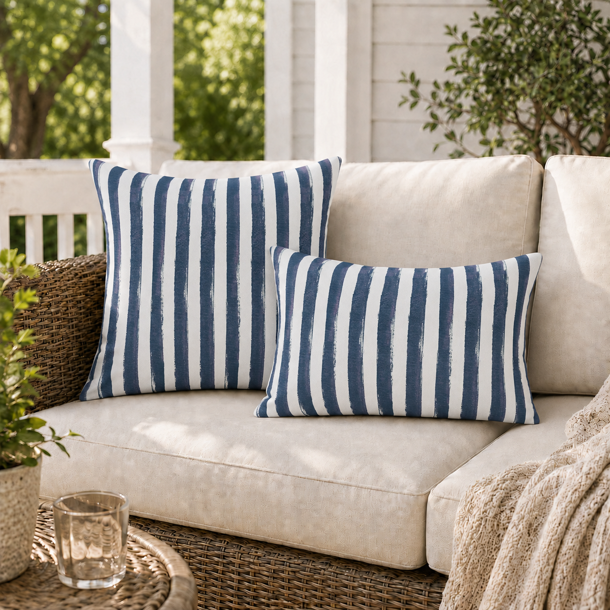 Hand-painted navy and white stripe outdoor pillow