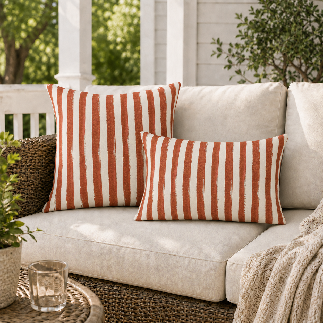 Hand-painted rust terracotta and cream stripe outdoor pillow