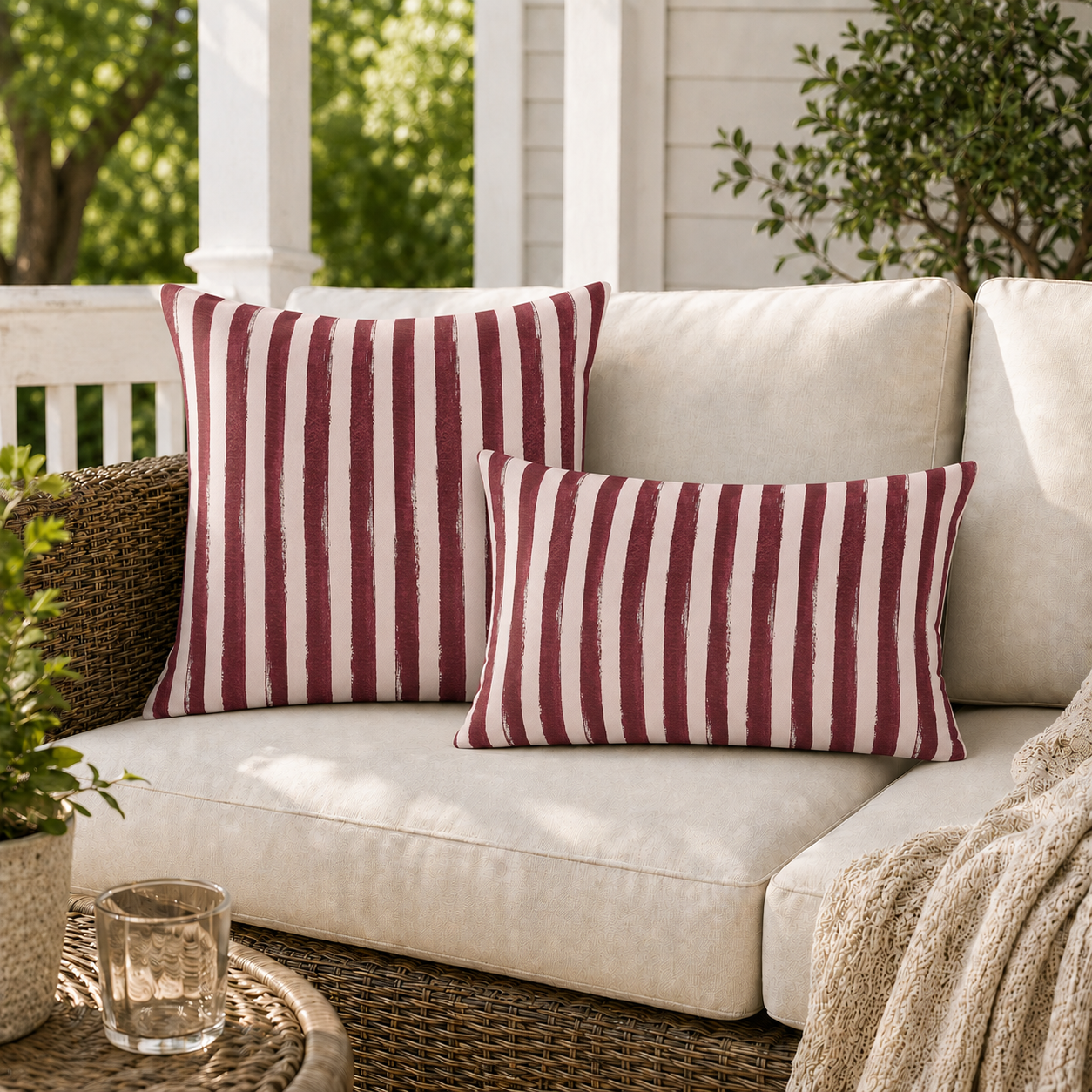 Hand-painted wine red and blush pink stripe outdoor pillow