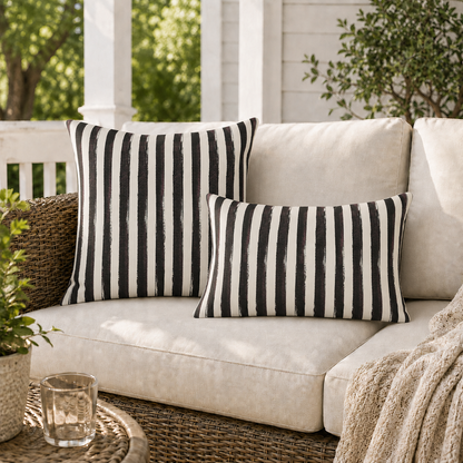Hand-painted black and cream stripe outdoor pillow