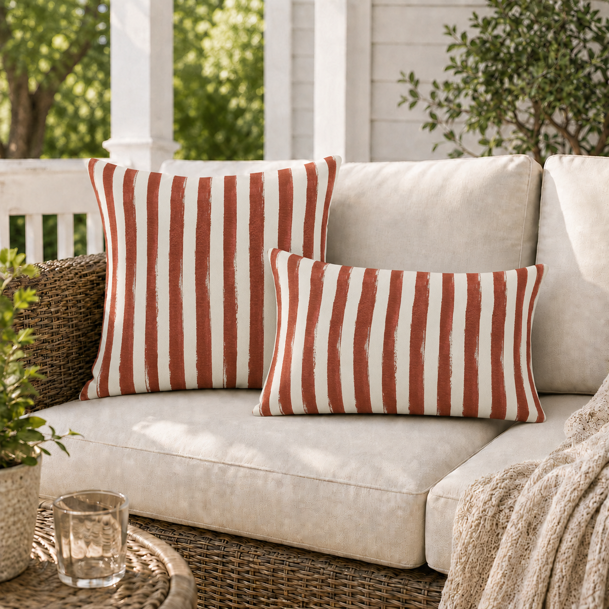 Hand-painted clay red and cream stripe outdoor pillow
