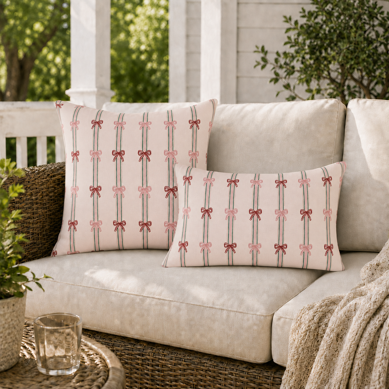 Pink and red ribbon bows on striped blush outdoor pillow
