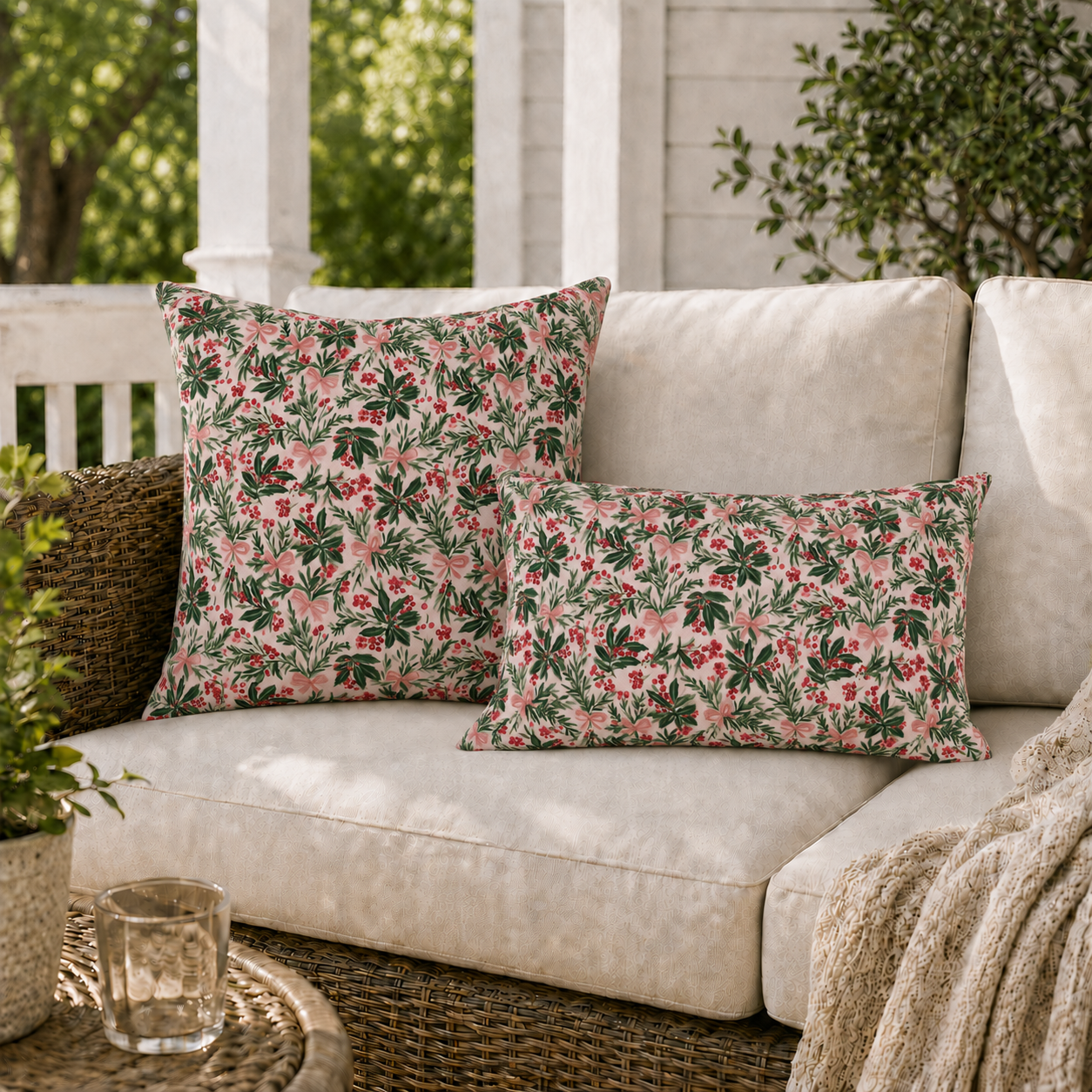 Holly, pine, red berries and pink bows on blush outdoor pillow