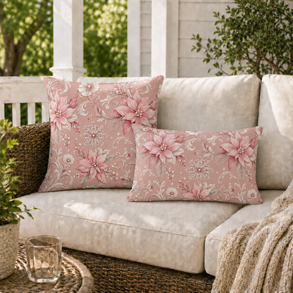 Pink poinsettias, snowflakes and pearls on dusty rose outdoor pillow