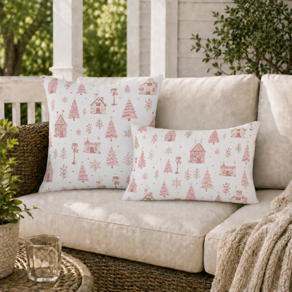 Pink gingerbread houses, trees and lampposts on white outdoor pillow