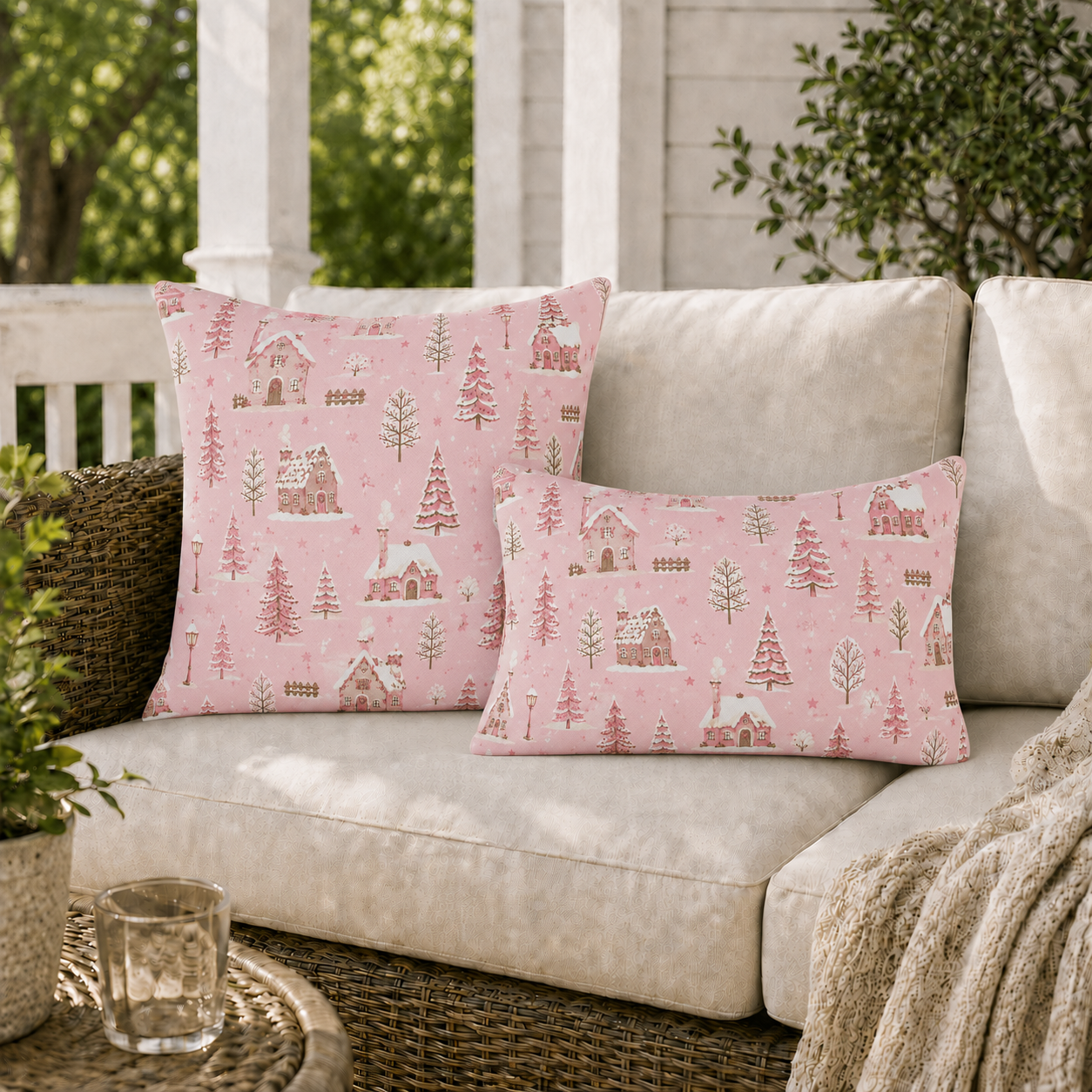 Snow-covered pink cottages and fir trees on pink outdoor pillow
