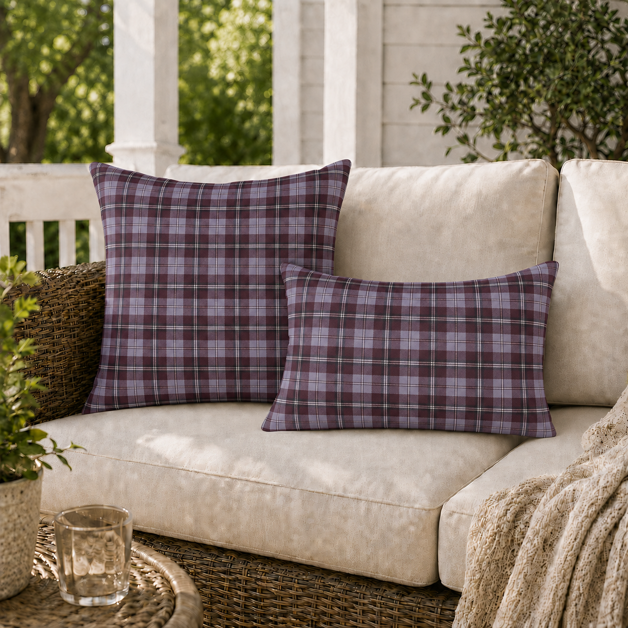 Burgundy and lavender grey tartan plaid outdoor pillow