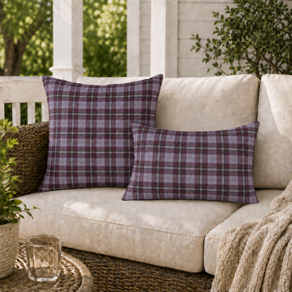 Burgundy and lavender grey tartan plaid outdoor pillow