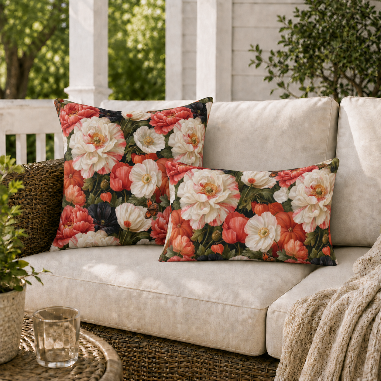 Coral red poppies, cream peonies and small pumpkins on near-black outdoor pillow