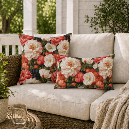 Coral red poppies, cream peonies and small pumpkins on near-black outdoor pillow