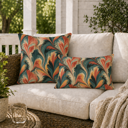 Coral, teal and ochre marbled swirl outdoor pillow