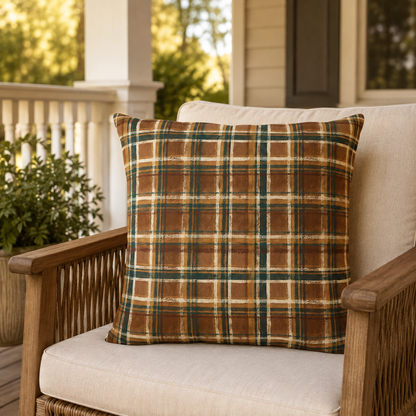 Rustic plaid outdoor pillow in brown, green and cream styled on a porch chair
