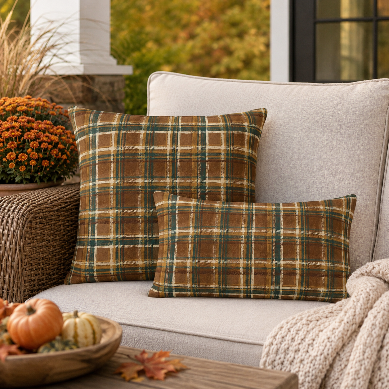 Close-up of the rustic plaid weave in brown, forest green and cream