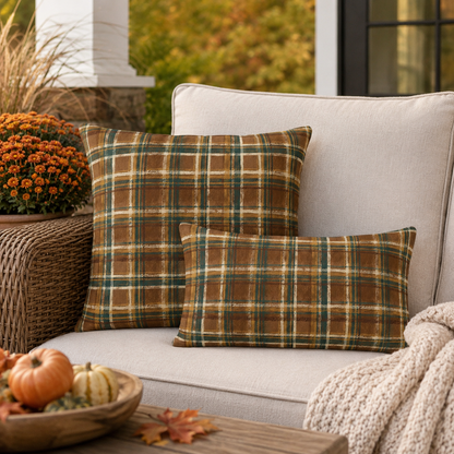 Close-up of the rustic plaid weave in brown, forest green and cream