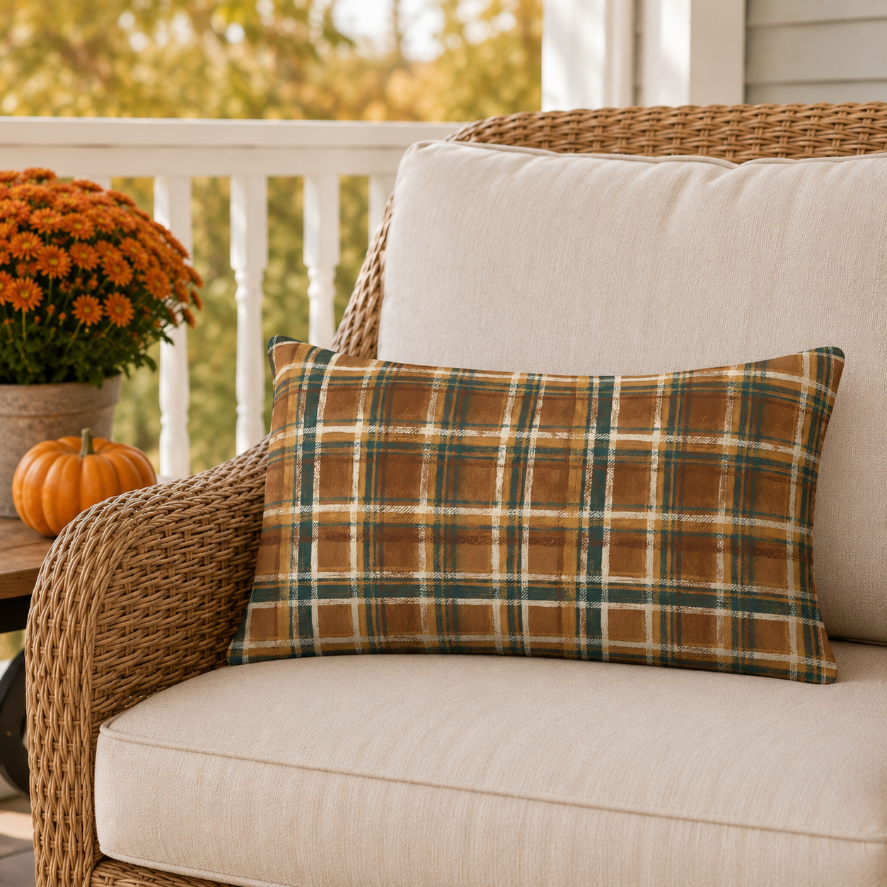 Rustic plaid outdoor lumbar pillow in brown, green and cream on a garden bench