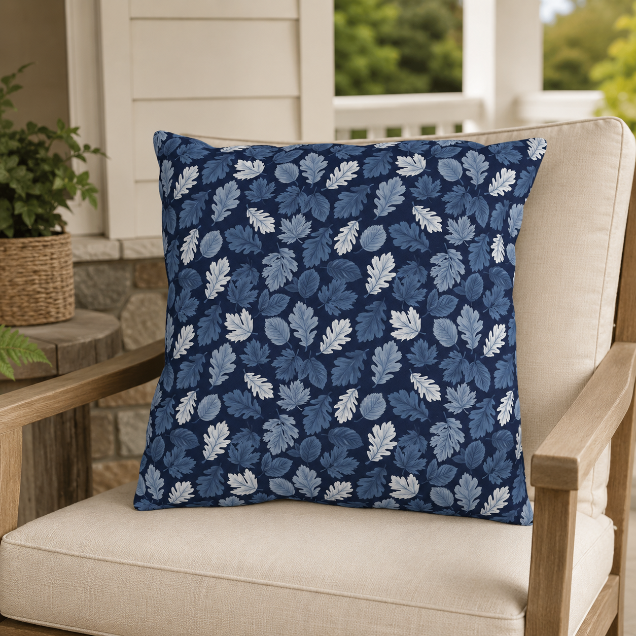 Indigo, steel blue and white autumn leaves on navy outdoor pillow