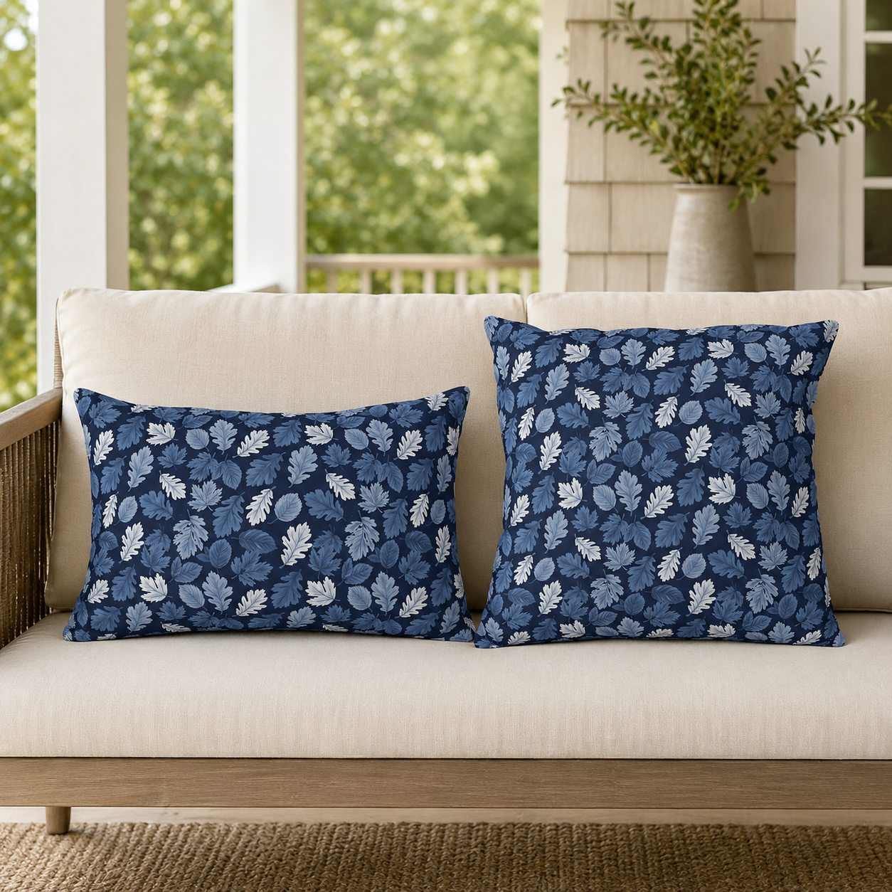 Indigo, steel blue and white autumn leaves on navy outdoor pillow