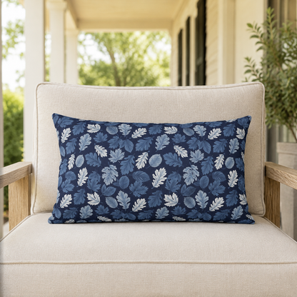Indigo, steel blue and white autumn leaves on navy outdoor lumbar pillow