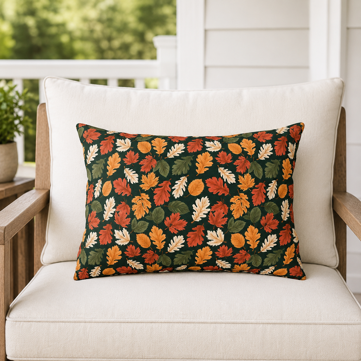 Rust, orange and cream autumn leaves on forest green outdoor lumbar pillow