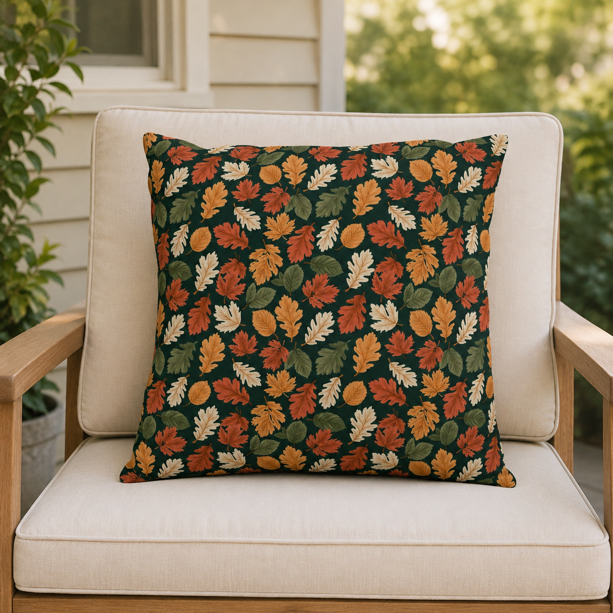 Rust, orange and cream autumn leaves on forest green outdoor pillow
