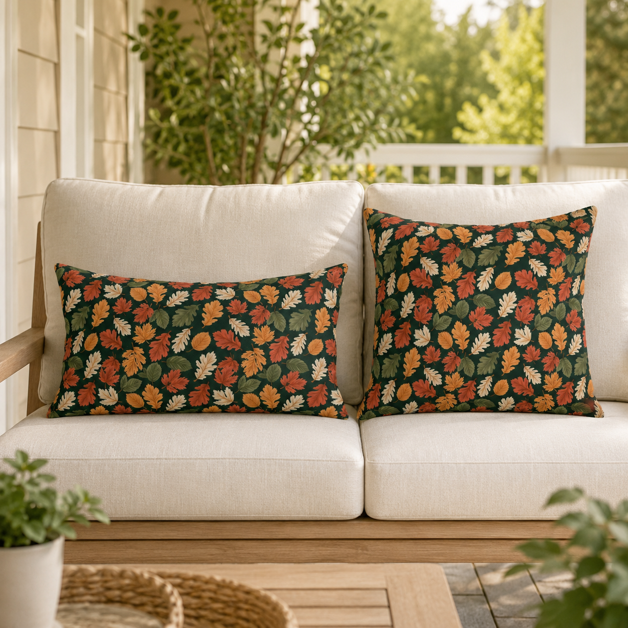 Rust, orange and cream autumn leaves on forest green outdoor pillow