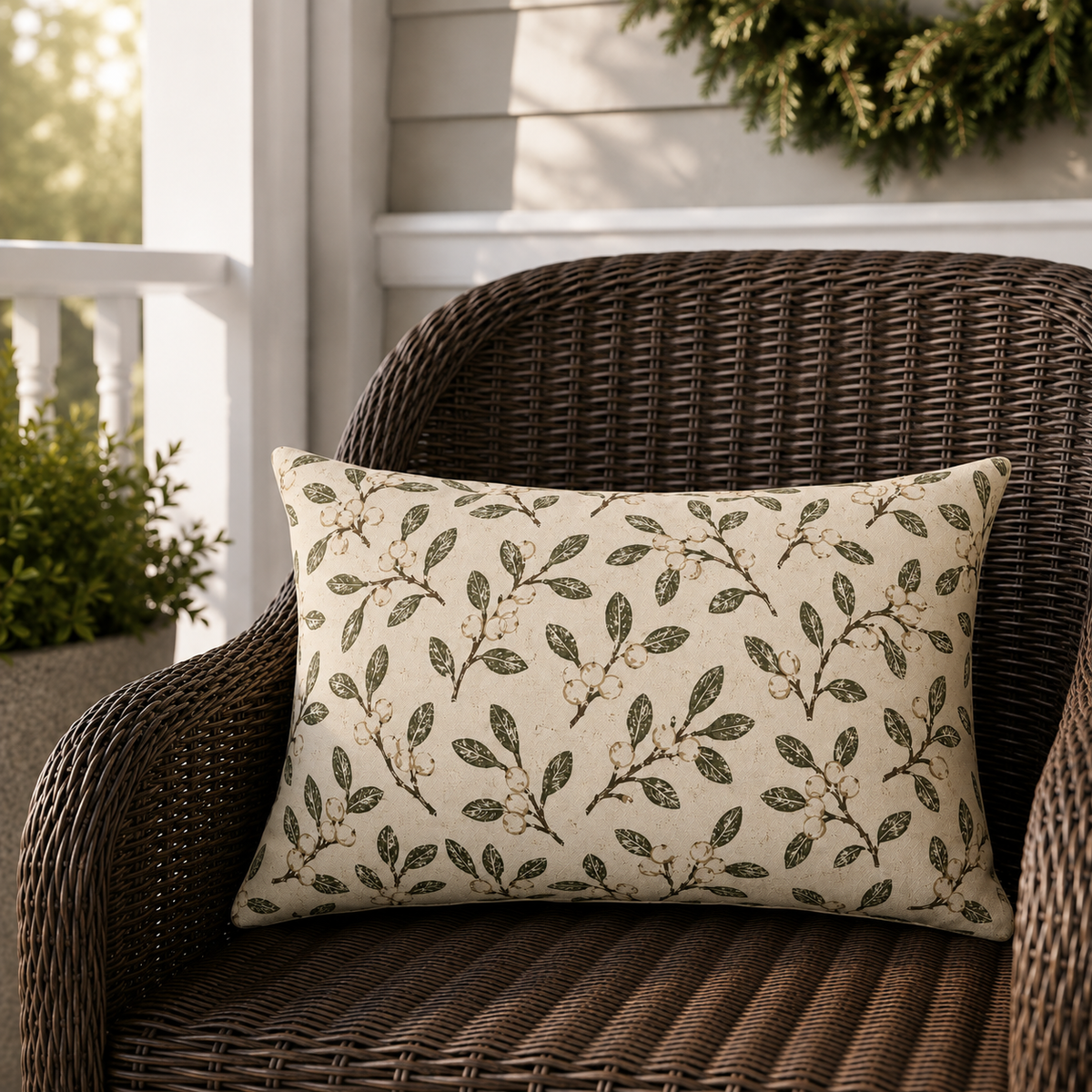 Cream outdoor lumbar pillow with olive leaves and snowberry sprigs, second view